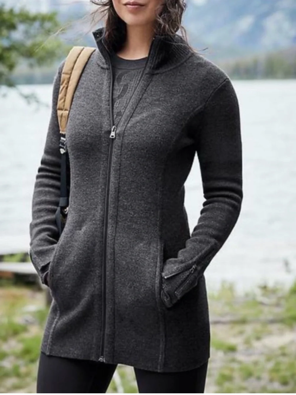 ATHLETA Chill Chaser Merino Wool Blend Sweater Coat in Charcoal Gray Small